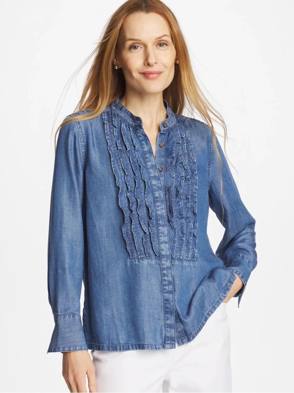 Chico's Tencel Ruffle Front Shirt